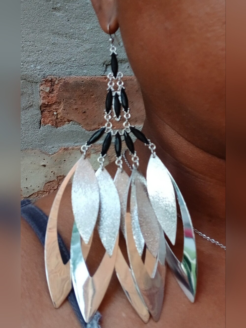 Silver and Black Leaf Drop Earrings - Women Jewelry